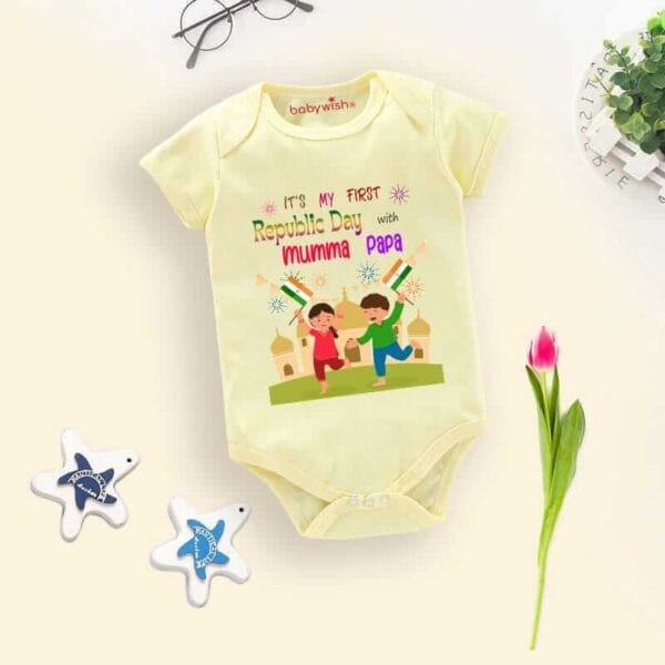 Baby First Republic Day Romper Clothes Baby Bodysuits Newborn Outfit Envelop Neck Half Sleeve Unisex Onesies"Happy Republic Day" - Image 2