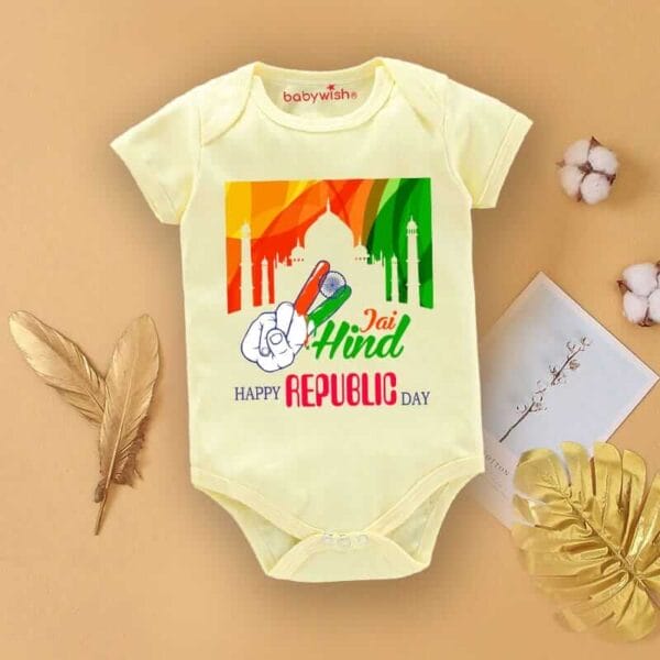 Baby First Republic Day Romper Clothes Baby Bodysuits Newborn Outfit Envelop Neck Half Sleeve Unisex Onesies"Happy Republic Day" - Image 2