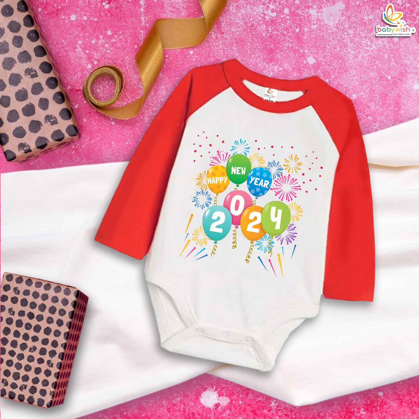 My First New Year Romper | Happy New Year Firecrackers Balloon Print Full Sleeve Bodysuit | Festive Baby Outfit for Boys & Girls – Babywish
