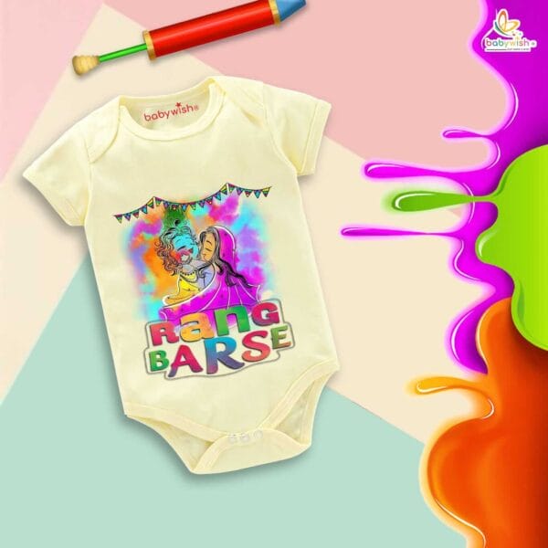 Baby First Holi Romper Clothes Baby holi festival Bodysuits Newborn Outfit Envelop Neck Half Sleeve Unisex Onesies "Rang Barse Holi Me" - Image 4