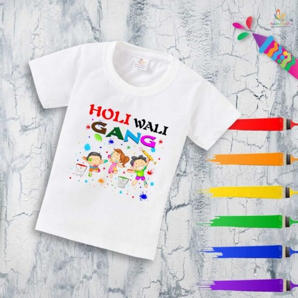 Holi T-shirt for Kids Unisex Holi Topwear Outfit Printed Half Sleeve Tshirt Dress for Boy n Girl "Holi Wali Gang" - Image 4
