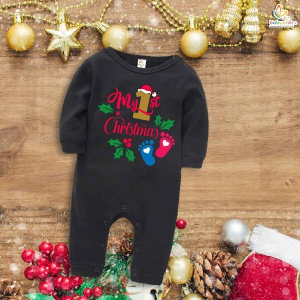 Babywish Christmas Full Body Romper Clothes My First Merry Bodysuit My First Christmas Foot Print - Image 2