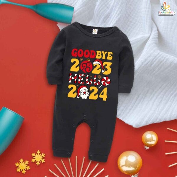 My First New Year Romper | Goodbye 2023 Hello 2024 Hat Print Full Body Bodysuit | New Year Baby Outfit for Boys & Girls – Babywish - Image 2