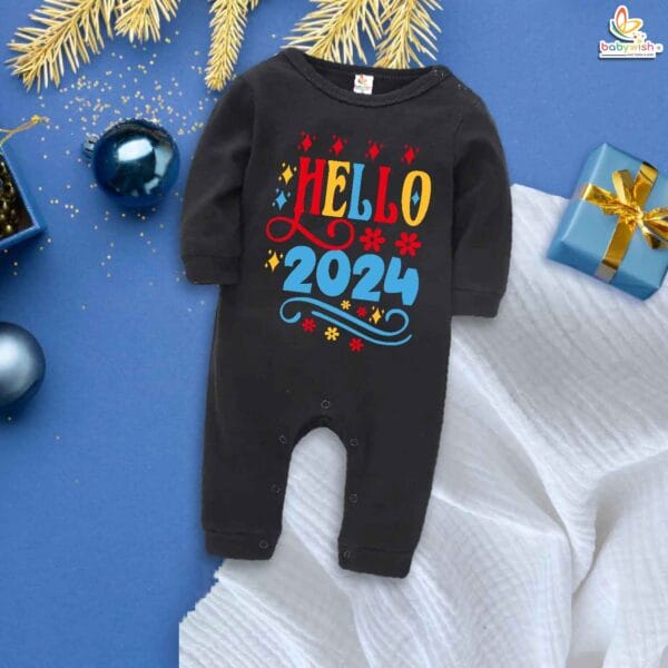 My First New Year Romper | Hello Print Full Body Bodysuit for Baby Boys & Girls | Festive New Year Outfit – Babywish - Image 2