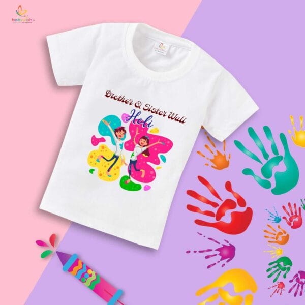 Holi T-shirt for Kids Unisex Holi Topwear Outfit Printed Half Sleeve Tshirt Dress for Boy n Girl "Brother's & Sister Wali Holi" - Image 4
