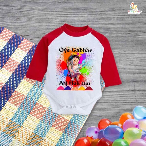 My First Holi Full Sleeve Romper – "Oye Gabbar Aaj Holi Hai" Bodysuit for Babies – Babywish - Image 3