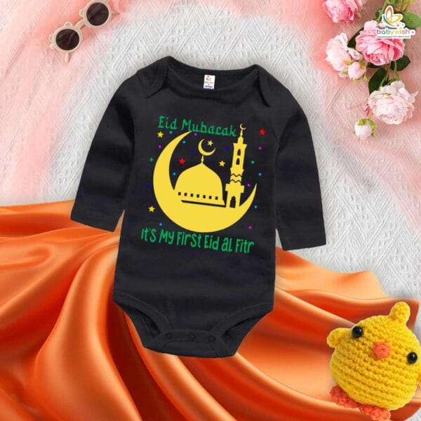 My First Eid Full Sleeves Romper – Baby Bodysuit with “Eid-Ul-Fitr Mubarak” Print | Islamic Festival Outfit for Infant Boys & Girls by Babywish - Image 2