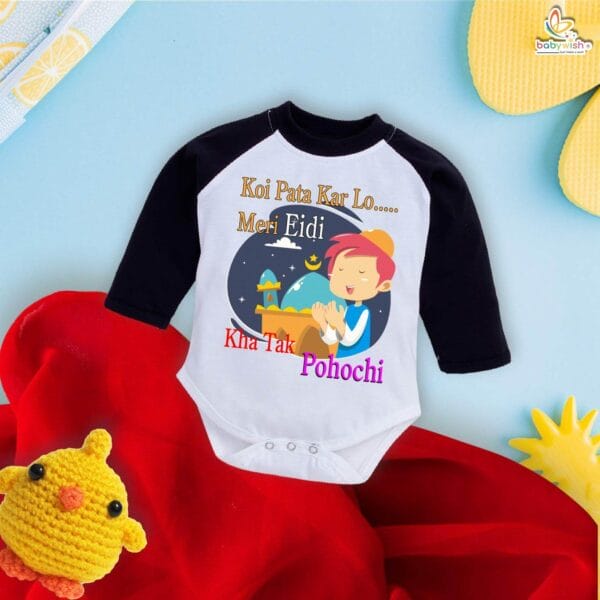 My First Eid Full Sleeves Romper – Baby Bodysuit with “Eidi Kaha Pahuchi?” Print | Funny & Festive Eid Outfit for Infant Boys & Girls by Babywish