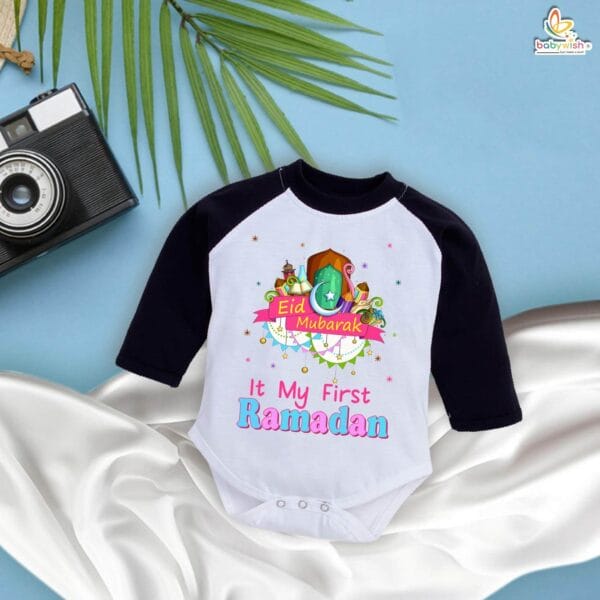 My First Ramadan Full Sleeves Romper – Baby Bodysuit with “First Ramadan Mubarak” Print | Modest Islamic Festival Outfit for Infant Boys & Girls by Babywish - Image 2