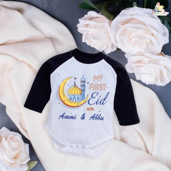 My First Eid Full Sleeves Romper – Baby Bodysuit with “My First Eid With Ammi and Abbu” Print | Islamic Festival Outfit for Infant Boys & Girls by Babywish - Image 2