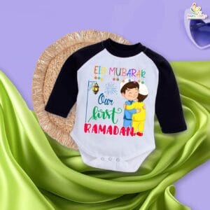 My First Eid Full Sleeves Romper – Baby Bodysuit with “Our First Ramadan Mubarak” Print | Modest Eid Outfit for Infant Boys & Girls by Babywish