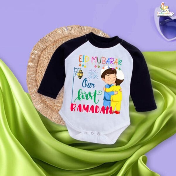 My First Eid Full Sleeves Romper – Baby Bodysuit with “Our First Ramadan Mubarak” Print | Modest Eid Outfit for Infant Boys & Girls by Babywish