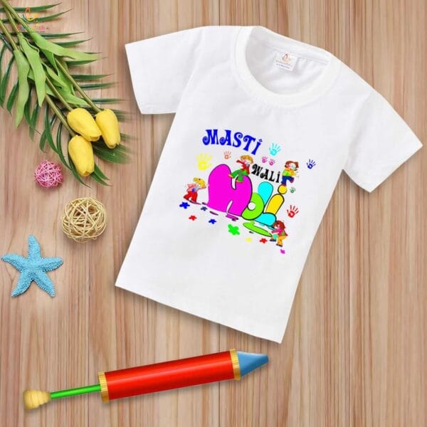 Holi T-shirt for Kids Unisex Holi Topwear Outfit Printed Half Sleeve Tshirt Dress for Boy n Girl "Masti Wali Holi" - Image 4