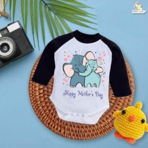 My First Mother’s Day Baby Romper – Full Sleeve Elephant Mom and Baby Print Bodysuit for Newborn Infant Girl or Boy – Adorable Mother’s Day Gift Outfit – Babywish