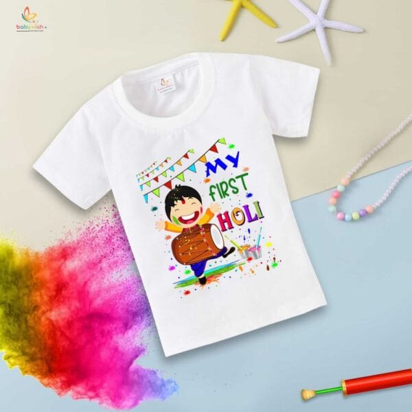 Holi T-shirt for Kids Unisex Holi Topwear Outfit Printed Half Sleeve Tshirt Dress for Boy n Girl "My First Holi with Music" - Image 4