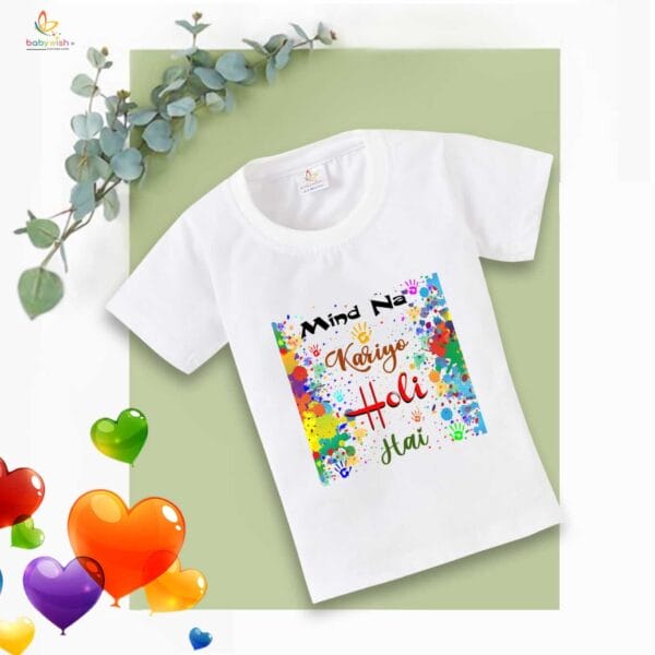 Holi T-shirt for Kids Unisex Holi Topwear Outfit Printed Half Sleeve Tshirt Dress for Boy n Girl "Mind Na Kariyo Holi Hai" - Image 4