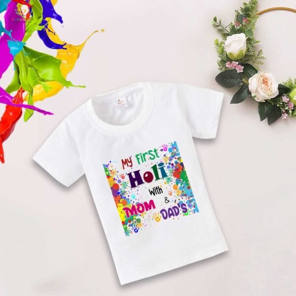 Holi T-shirt for Kids Unisex Holi Topwear Outfit Printed Half Sleeve Tshirt Dress for Boy n Girl "Holi With Mom & Dad" - Image 4