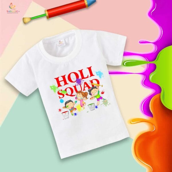 Holi T-shirt for Kids Unisex Holi Topwear Outfit Printed Half Sleeve Tshirt Dress for Boy n Girl "Holi Squad Playing holi" - Image 4