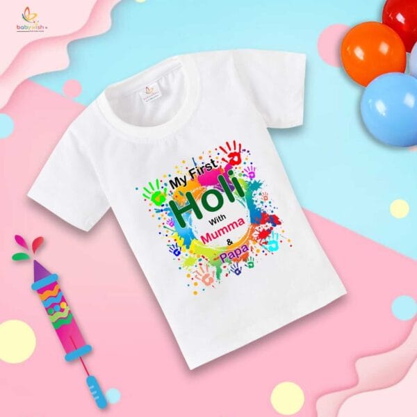 Holi T-shirt for Kids Unisex Holi Topwear Outfit Printed Half Sleeve Tshirt Dress for Boy n Girl "Holi with mumma" - Image 4