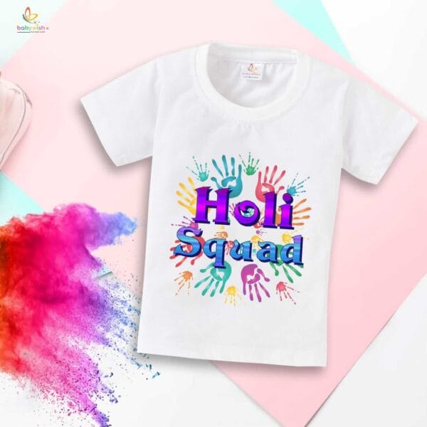 Holi T-shirt for Kids Unisex Holi Topwear Outfit Printed Half Sleeve Tshirt Dress for Boy n Girl "Holi Wali Squad Print" - Image 2
