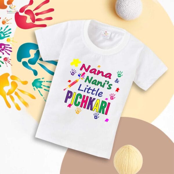 Holi T-shirt for Kids Unisex Holi Topwear Outfit Printed Half Sleeve Tshirt Dress for Boy n Girl "Nana's Nani Little Pichkari" - Image 2
