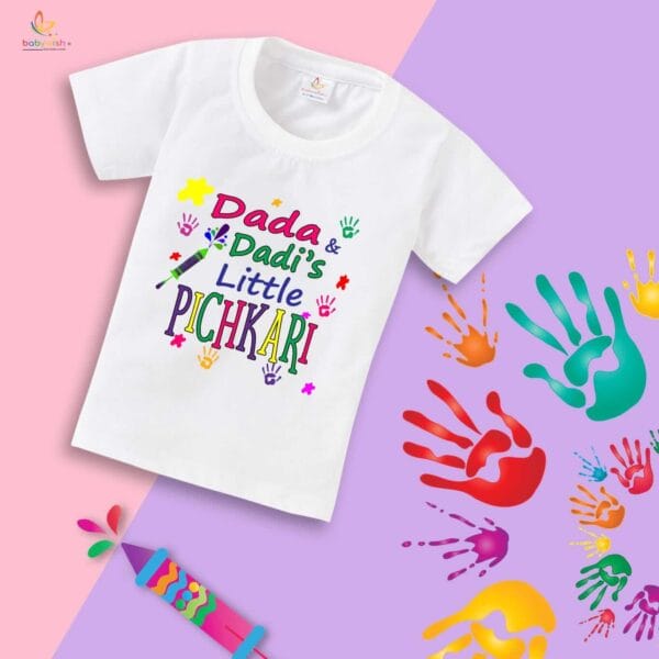 Holi T-shirt for Kids Unisex Holi Topwear Outfit Printed Half Sleeve Tshirt Dress for Boy n Girl "Grandpa's Little Pichkari" - Image 2
