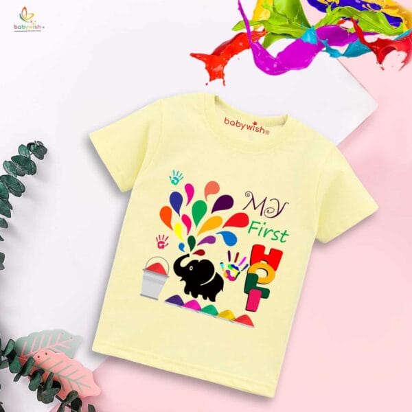 Holi T-shirt for Kids Unisex Holi Topwear Outfit Printed Half Sleeve Tshirt Dress for Boy n Girl "Elephant Print Holi" - Image 4