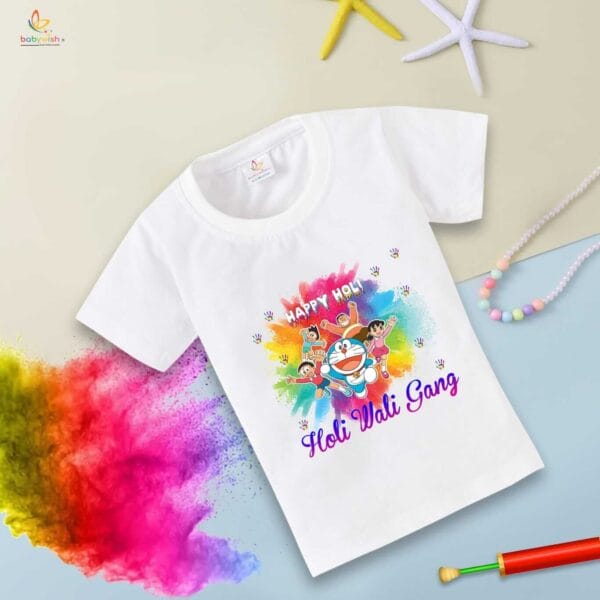 Holi T-shirt for Kids Unisex Holi Topwear Outfit Printed Half Sleeve Tshirt Dress for Boy n Girl "Happy Holi Cartoon Print" - Image 4