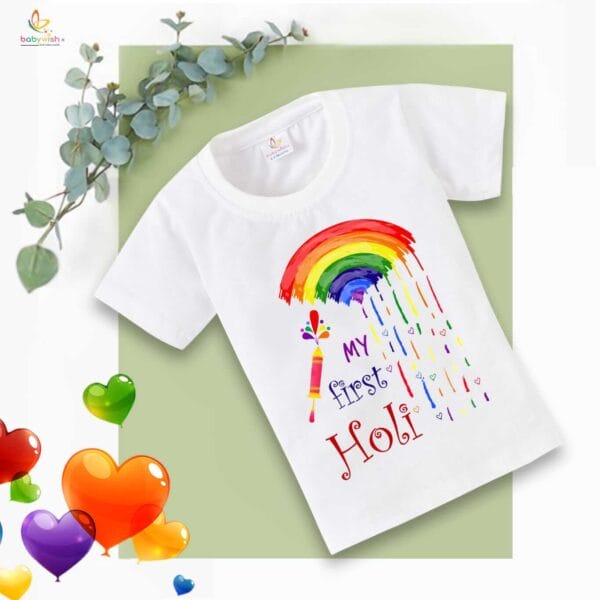 Holi T-shirt for Kids Unisex Holi Topwear Outfit Printed Half Sleeve Tshirt Dress for Boy n Girl "My First Holi Rainbow" - Image 4