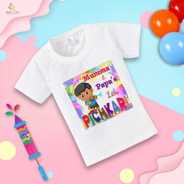 Holi T-shirt for Kids Unisex Holi Topwear Outfit Printed Half Sleeve Tshirt Dress for Boy n Girl "Boy Playing with Pichkari" - Image 4