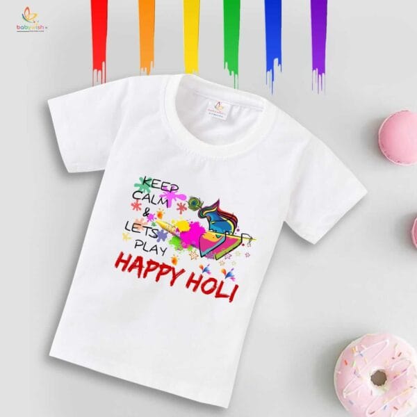 Holi T-shirt for Kids Unisex Holi Topwear Outfit Printed Half Sleeve Tshirt Dress for Boy n Girl "Keep Calm It's Holi"