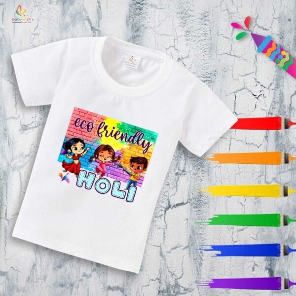 Holi T-shirt for Kids Unisex Holi Topwear Outfit Printed Half Sleeve Tshirt Dress for Boy n Girl "Play Ecofriendly Holi"