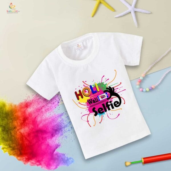 Holi T-shirt for Kids Unisex Holi Topwear Outfit Printed Half Sleeve Tshirt Dress for Boy n Girl "Holi Wali Selfie" - Image 4