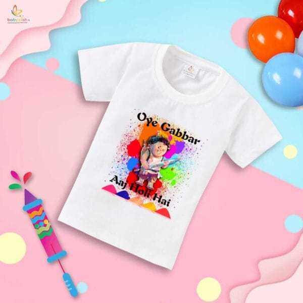Holi T-shirt for Kids Unisex Holi Topwear Outfit Printed Half Sleeve Tshirt Dress for Boy n Girl "Oye Gabbar Aaj Holi Hai" - Image 4