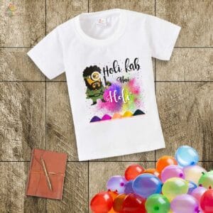 Holi T-shirt for Kids Unisex Holi Topwear Outfit Printed Half Sleeve Tshirt Dress for Boy n Girl "Gabbar printed on Holi"