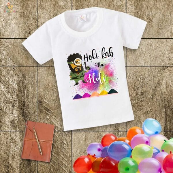 Holi T-shirt for Kids Unisex Holi Topwear Outfit Printed Half Sleeve Tshirt Dress for Boy n Girl "Gabbar printed on Holi"