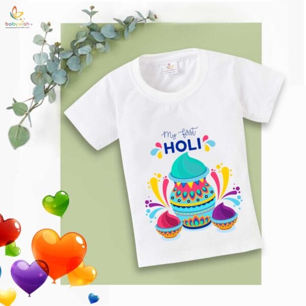 Holi T-shirt for Kids Unisex Holi Topwear Outfit Printed Half Sleeve Tshirt Dress for Boy n Girl"First Colorful Holi" - Image 4