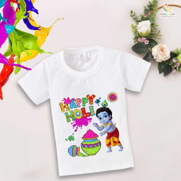 Holi T-shirt for Kids Unisex Holi Topwear Outfit Printed Half Sleeve Tshirt Dress for Boy n Girl"Holi Celebrations with Kanha" - Image 4