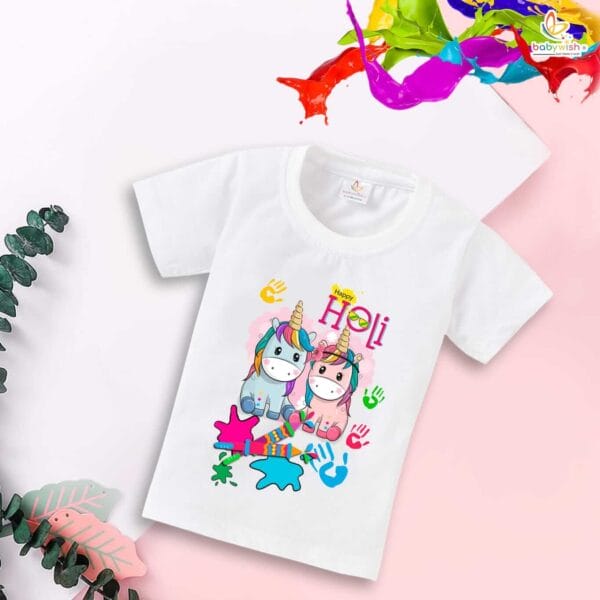 Holi T-shirt for Kids Unisex Holi Topwear Outfit Printed Half Sleeve Tshirt Dress for Boy n Girl"Holi Celebrations with Unicorn" - Image 4