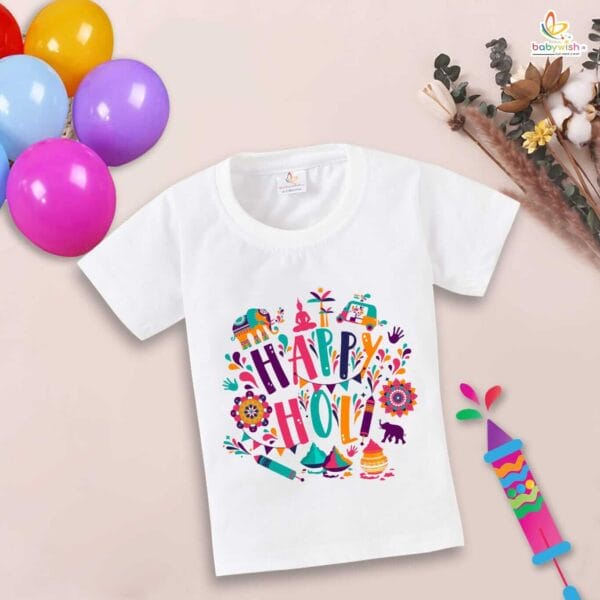 Holi T-shirt for Kids Unisex Holi Topwear Outfit Printed Half Sleeve Tshirt Dress for Boy n Girl"Happy Holi Jungle Print" - Image 4