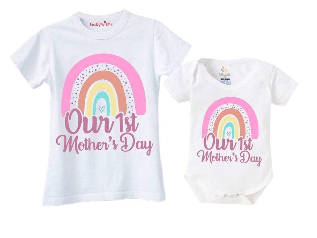 Mothers Day Special Combo White T-Shirts and Romper Sets for Mother and baby Combo Pack of 2