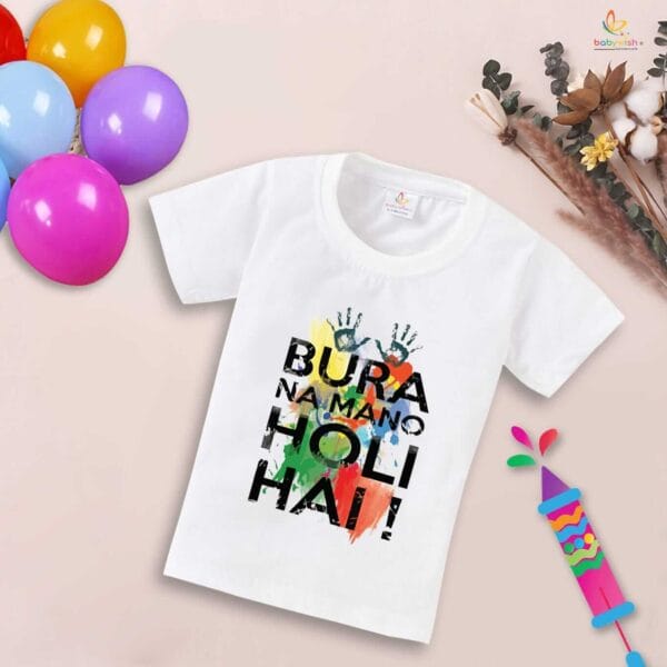 Holi T-shirt for Kids Unisex Holi Topwear Outfit Printed Half Sleeve Tshirt Dress for Boy n Girl "Bura Na Mano Holi Hai" - Image 4