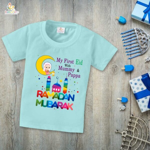 Eid T-shirt for Kids Unisex Ramadan Topwear Outfit Printed Half Sleeve Tshirt Dress for Boy n Girl "My First Eid with Mummy & Papa" - Image 2