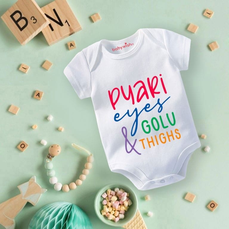 Baby First Birthday Celebrations Romper Clothes Baby Newborn Bodysuits Outfit Envelop Neck Half Sleeve Unisex Onesies "Pyaari Eyes & Golu Thighs"