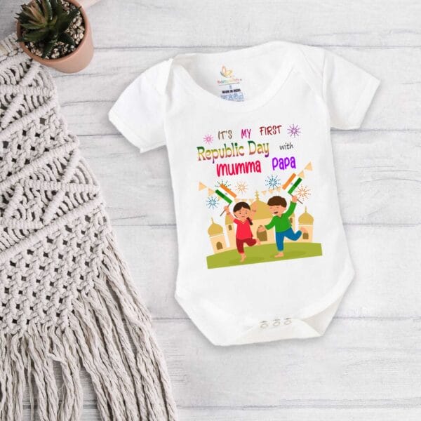 Baby First Republic Day Romper Clothes Baby Bodysuits Newborn Outfit Envelop Neck Half Sleeve Unisex Onesies"Happy Republic Day" - Image 5
