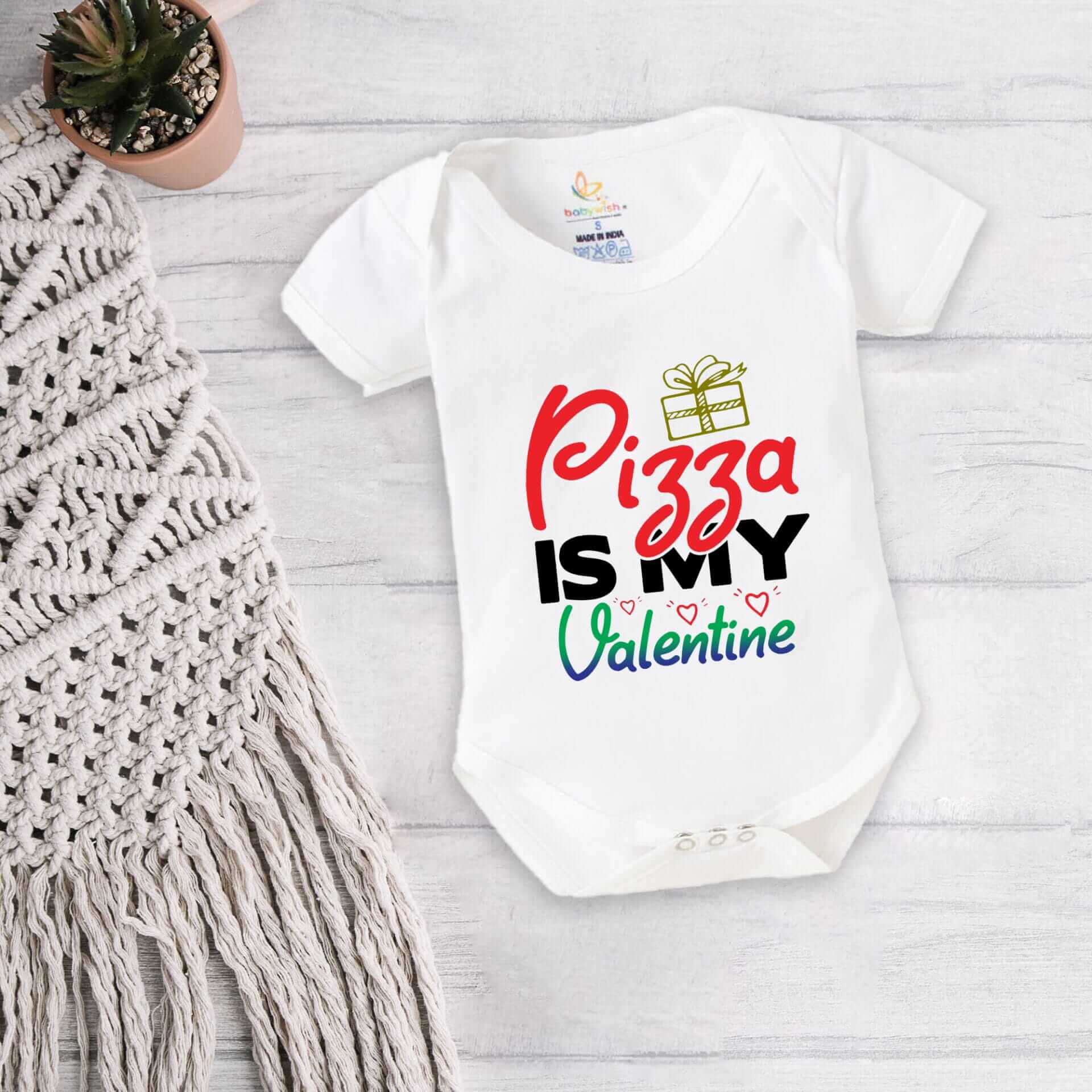 Baby First Valentine’s Day Romper Clothes | Baby Valentine Bodysuits | Newborn Outfit Envelope Neck Half Sleeve Unisex Onesies “Pizza is My Valentine” | Cute Baby Gift for Boys & Girls