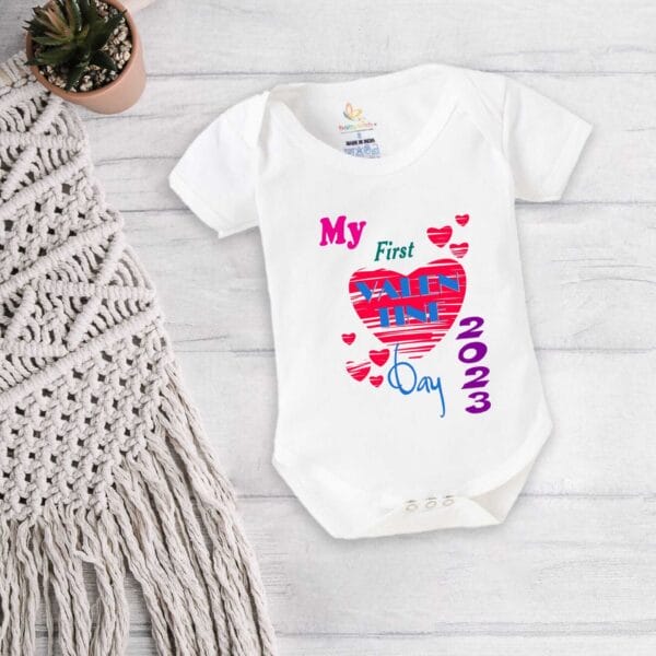 Baby First Valentine Day Romper Clothes Baby valentine Bodysuits Newborn Outfit Envelop Neck Half Sleeve Unisex Onesies"My valentine on 2023" - Image 5