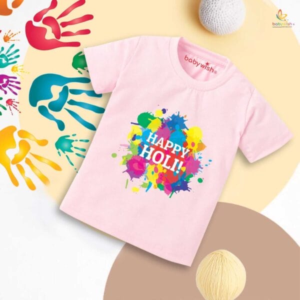 Holi T-shirt for Kids Unisex Holi Topwear Outfit Printed Half Sleeve Tshirt Dress for Boy n Girl "Multicolor Holi Print Celebration" - Image 2
