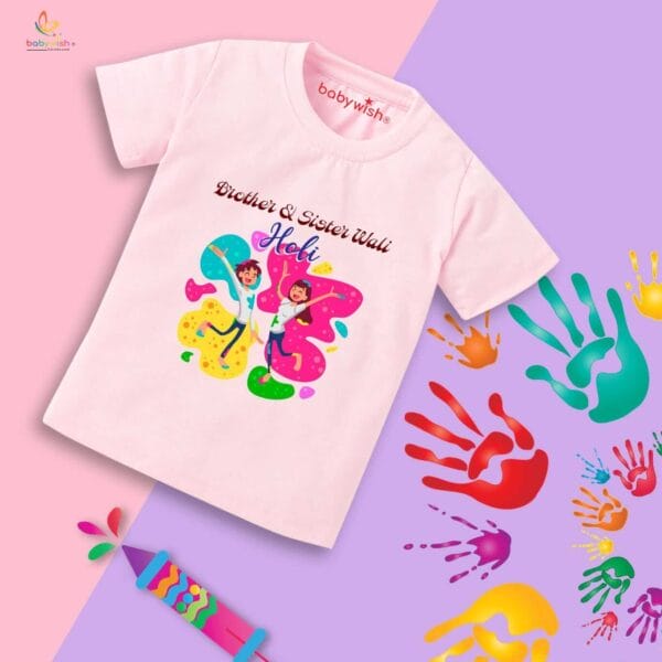 Holi T-shirt for Kids Unisex Holi Topwear Outfit Printed Half Sleeve Tshirt Dress for Boy n Girl "Brother's & Sister Wali Holi" - Image 2