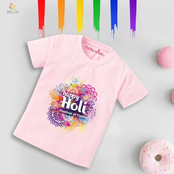Holi T-shirt for Kids Unisex Holi Topwear Outfit Printed Half Sleeve Tshirt Dress for Boy n Girl "Festival Of Color" - Image 2